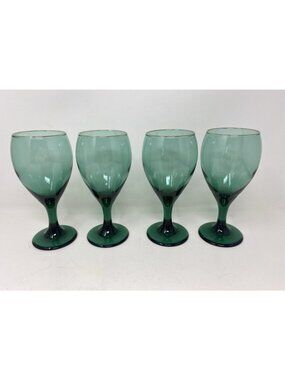 Libbey Teardrop Juniper Green Water Goblet Wine Glass 7" Set of 4 Gold Rim